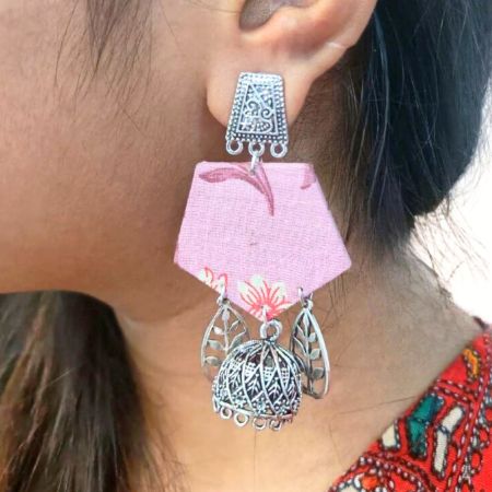 Purple Printed Floral Earrings With Silver Charm Bottom